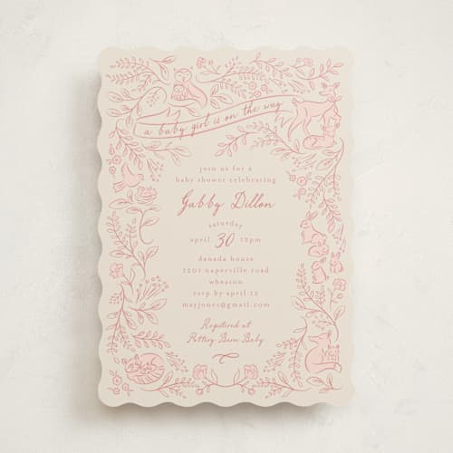This is a rose baby shower invitations with standard by Erin German called woodland printing on signature in standard