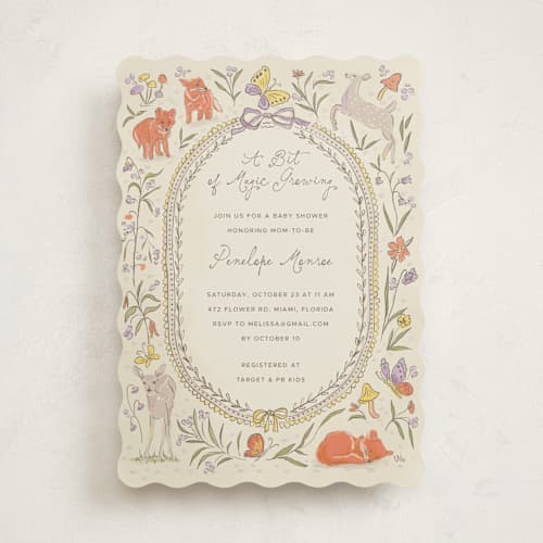 This is a linen baby shower invitations with standard by Vera Lim called woodland magic printing on signature in standard