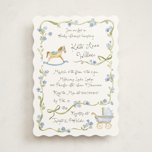 This is a powderblue baby shower invitations with standard by Pati Cascino called bowls and buds printing on signature in standard