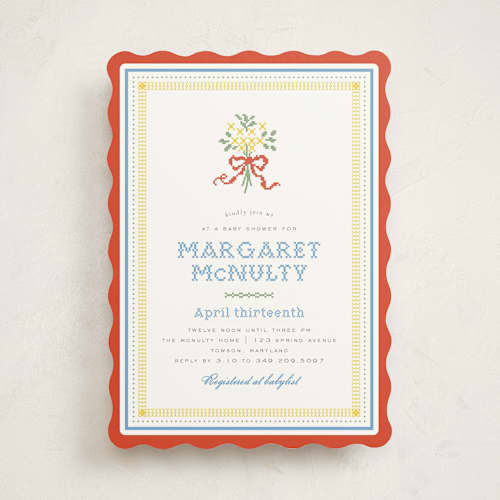 This is a rainbow baby shower invitations with standard by Erin L. Wilson called cross-stitched sampler printing on signature in standard