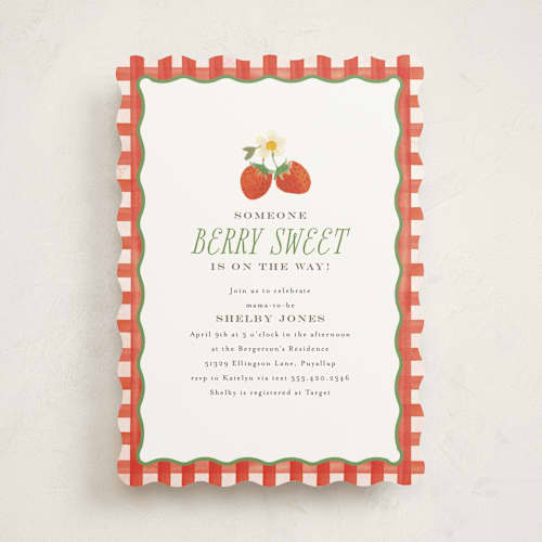 This is a strawberry baby shower invitations with standard by Itsy Belle Studio called so berry sweet printing on signature in standard
