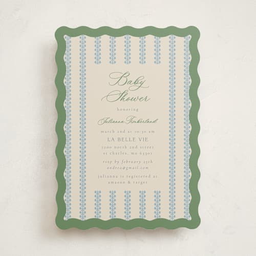 This is a forest baby shower invitations with standard by Jen Owens called wavy stripe printing on signature in standard