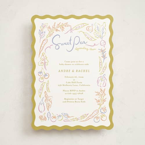 This is a olive baby shower invitations with standard by Natalie Rae called veggie patch printing on signature in standard