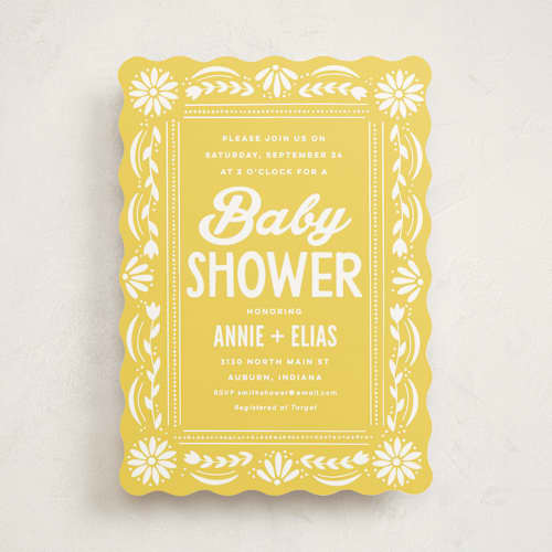 This is a marigold baby shower invitations with standard by Jessie Steury called pretty picado printing on signature in standard