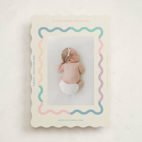 This is a cream birth announcements with standard by Baumbirdy called wavy pastel frame printing on signature in standard