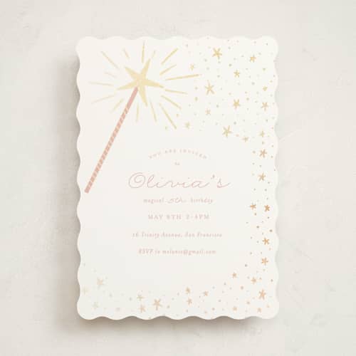 This is a cotton candy kids birthday invitations with foil pressed by Jackie Crawford called magical wand printing on signature in standard