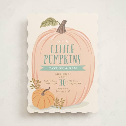 This is a leaf kids birthday invitations with standard by Karidy Walker called autumn pumpkin printing on signature in standard