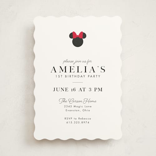 This is a strawberry kids birthday invitations with standard by Julee London called disney simply minnie birthday printing on signature in standard