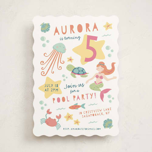 This is a coral kids birthday invitations with standard by peetie design called sirena printing on signature in standard