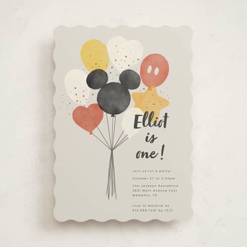 This is a cream kids birthday invitations with standard by Adelyn T. called disney's mickey balloon bunch printing on signature in standard