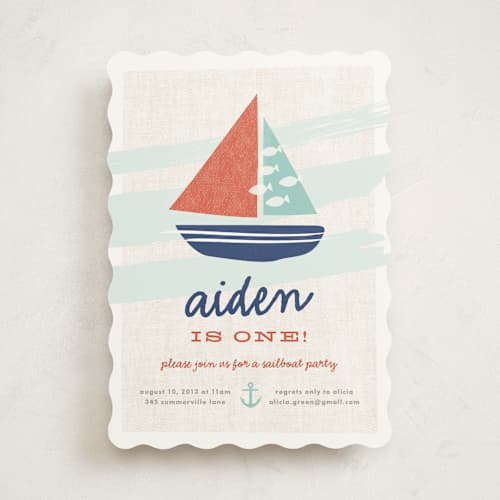 This is a teal kids birthday invitations with standard by Carolyn MacLaren called regatta race printing on signature in standard