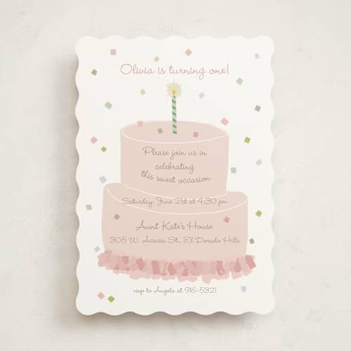This is a blush kids birthday invitations with standard by Tina Faselli called confetti party printing on signature in standard