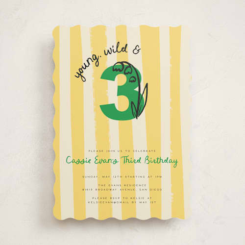 This is a buttercup kids birthday invitations with standard by Jenna Holcomb called wild and three printing on signature in standard