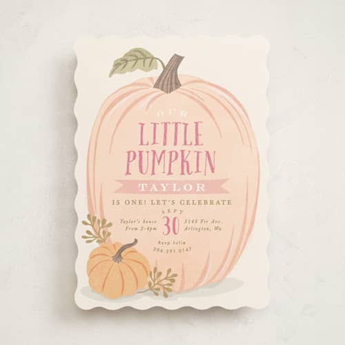 This is a peach kids birthday invitations with standard by Karidy Walker called autumn pumpkin printing on signature in standard