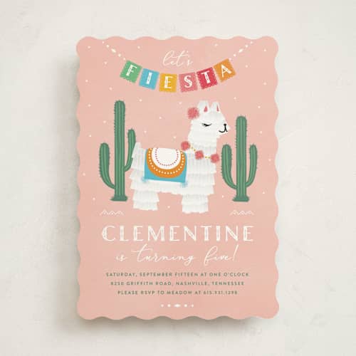 This is a strawberry kids birthday invitations with standard by Jennifer Lew called llama piñata printing on signature in standard