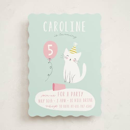 This is a spearmint kids birthday invitations with standard by Angela Thompson called party cat printing on signature in standard
