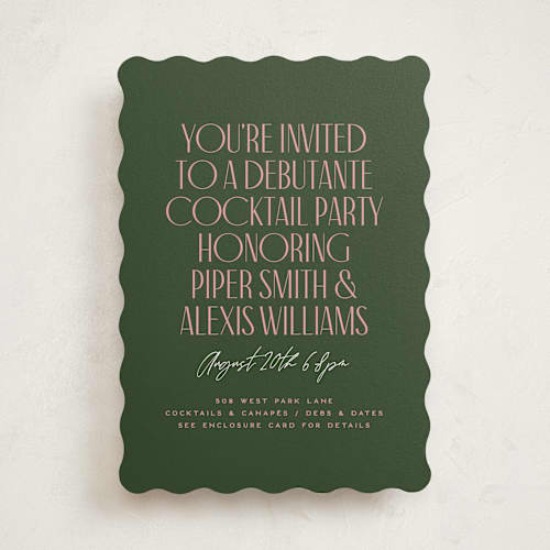 This is a spruce debutante party invitations with standard by Owl and Toad called personality printing on signature in standard
