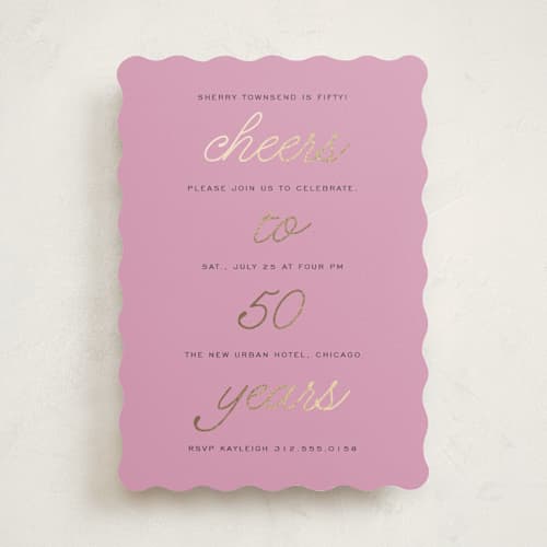 This is a lilac holiday party invitations with foil pressed by Louise Kay called cheers celebration printing on signature in standard