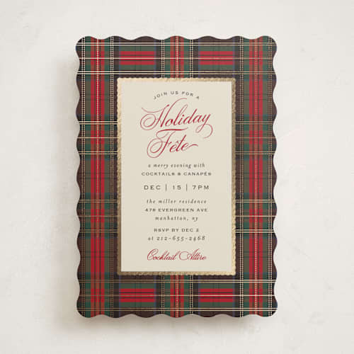 This is a cranberry holiday party invitations with foil pressed by Heather Schertzer called holiday fete printing on signature in standard