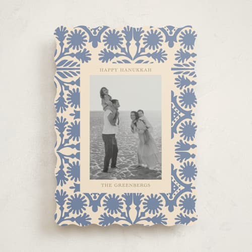 This is a wisteria hanukkah cards with standard by Rina Ozum called blue pattern printing on signature in standard