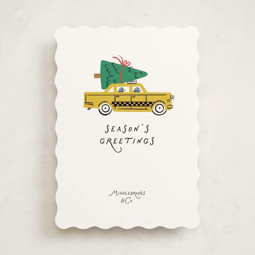 This is a taxi business holiday cards with standard by mo kelley called tree transport taxi printing on signature in standard