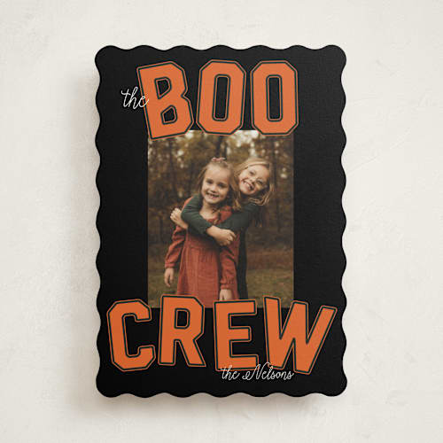 This is a pumpkin halloween party invitations cards with standard by Baumbirdy called varsity boo crew printing on signature in standard