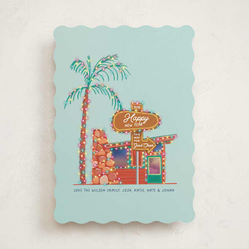 This is a ice blue non photo holiday cards with standard by Becky Nimoy called cozy retro place printing on signature in standard