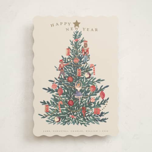 This is a caramel non photo holiday cards with standard by Teju Reval called nutcracker tree printing on signature in standard