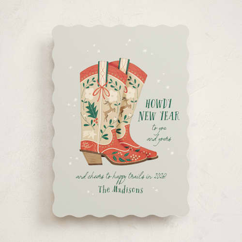 This is a fog non photo holiday cards with standard by Leia Matt called howdy holidays boots printing on signature in standard