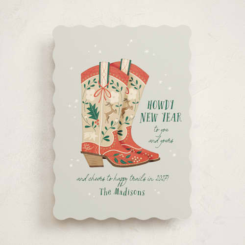 This is a fog non photo holiday cards with standard by Leia Matt called howdy holidays boots printing on signature in standard
