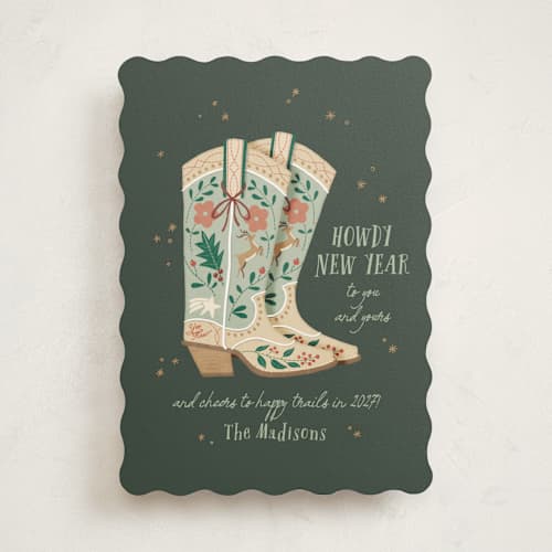 This is a balsam non photo holiday cards with standard by Leia Matt called howdy holidays boots printing on signature in standard