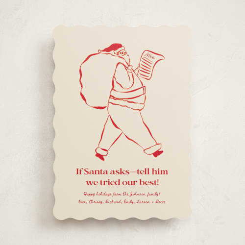 This is a reindeer nose non photo holiday cards with standard by Sierra Lee called if santa asks printing on signature in standard