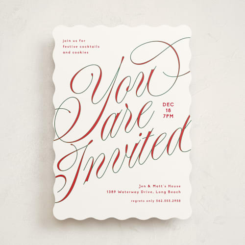 This is a snow holiday party invitations with standard by Owl and Toad called festive outlines printing on signature in standard