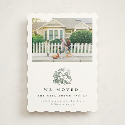 This is a hunter green moving announcements with standard by Becky Nimoy called old oak tree printing on signature in standard