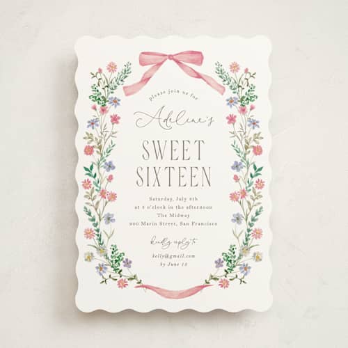 This is a coral sweet sixteen birthday party invitations with standard by Yaling Hou Suzuki called bow garden printing on signature in standard