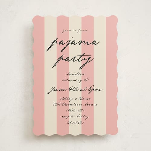 This is a bubblegum sweet sixteen birthday party invitations with standard by Kamala Nahas called pajama party printing on signature in standard