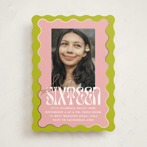 This is a key lime sweet sixteen birthday party invitations with foil pressed by Baumbirdy called wavy frame printing on signature in standard