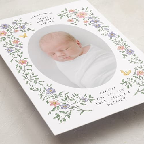 This is a garden grand birth announcements with standard by Grae called tiny flowers printing on recycled smooth signature in grand