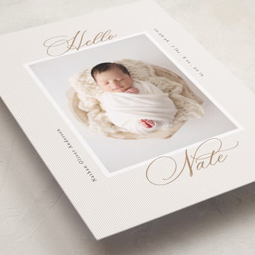 This is a sand grand birth announcements with standard by Gwen Bedat called sweet stripes printing on recycled smooth signature in grand