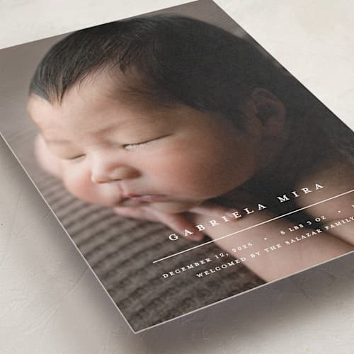 This is a vanilla grand birth announcements with standard by Pixel and Hank called primary printing on recycled smooth signature in grand
