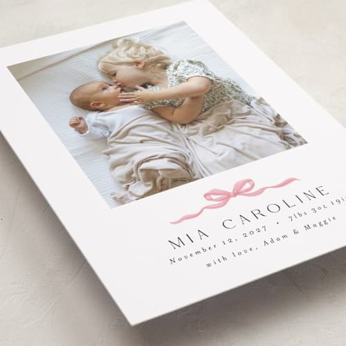 This is a cotton candy grand birth announcements with standard by Paula Pecevich called sweet bow printing on recycled smooth signature in grand