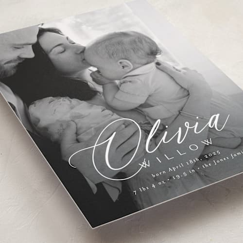 This is a cloud grand birth announcements with standard by Everett Paper Goods called serenity printing on recycled smooth signature in grand