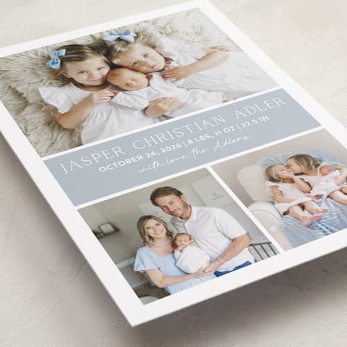 This is a bluebell grand birth announcements with standard by Vanessa Doyle called color block printing on recycled smooth signature in grand