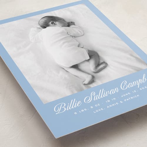 This is a chambray grand birth announcements with standard by Megan Davis called chambray printing on recycled smooth signature in grand