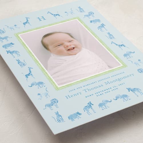 This is a sky grand birth announcements with standard by Jill Delavan called safari parade printing on recycled smooth signature in grand