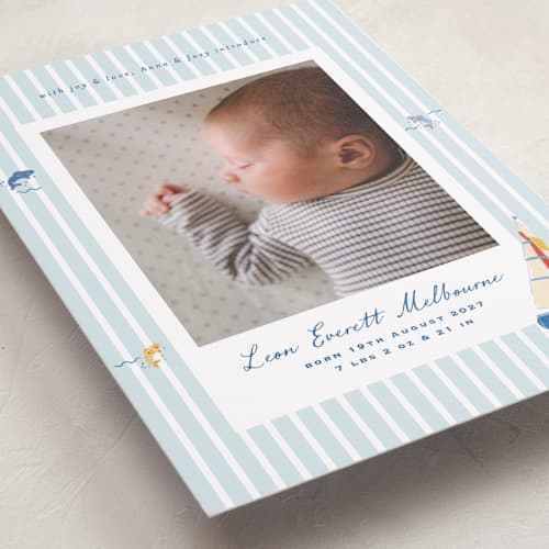 This is a maritime grand birth announcements with standard by Corinne Malesic called little sail boat printing on recycled smooth signature in grand