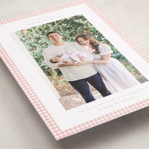 This is a blush grand birth announcements with standard by Claudia Orengo called preppy fabric printing on recycled smooth signature in grand