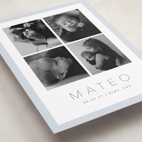 This is a powder grand birth announcements with standard by Olivia Raufman called quattro printing on recycled smooth signature in grand