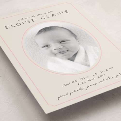 This is a petal grand birth announcements with standard by Melissa Egan of Pistols called prim printing on recycled smooth signature in grand