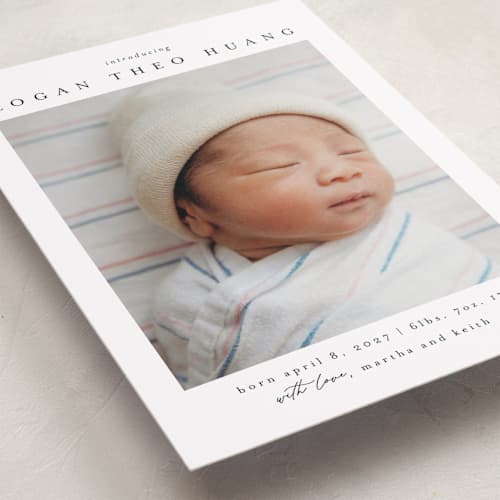 This is a sugar grand birth announcements with standard by Chris Griffith called frame of happiness printing on recycled smooth signature in grand